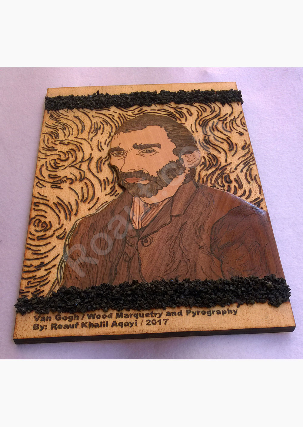 Wood Inlay / Wood Marquetry and Pyrography Panel of Van Gogh
