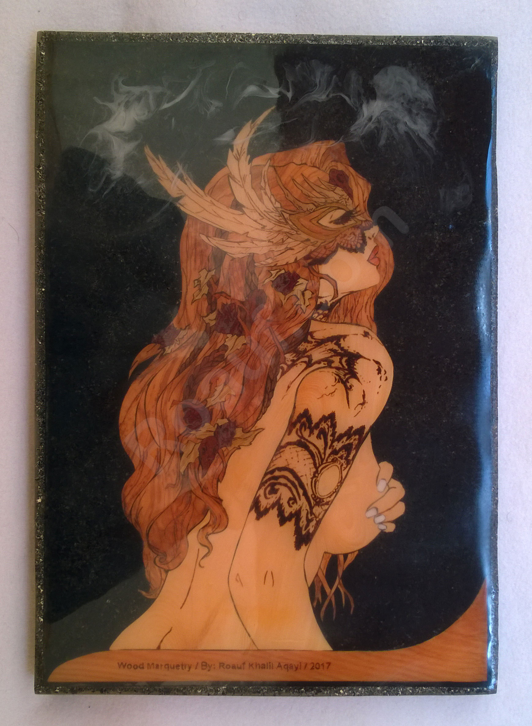 Wood Inlay / Wood Marquetry Panel of a Naked Woman