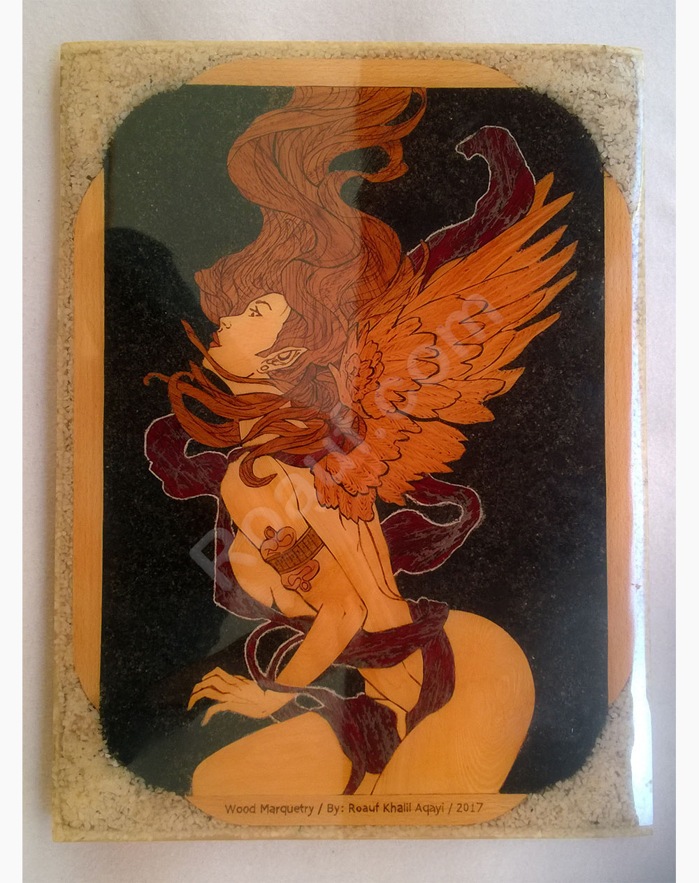 Wood Inlay / Wood Marquetry Panel of a Naked Angel