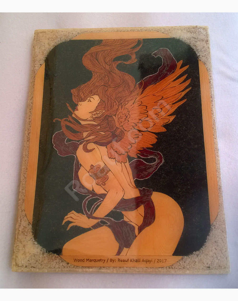 Wood Inlay / Wood Marquetry Panel of a Naked Angel