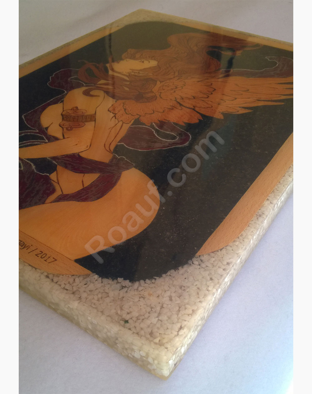 Wood Inlay / Wood Marquetry Panel of a Naked Angel