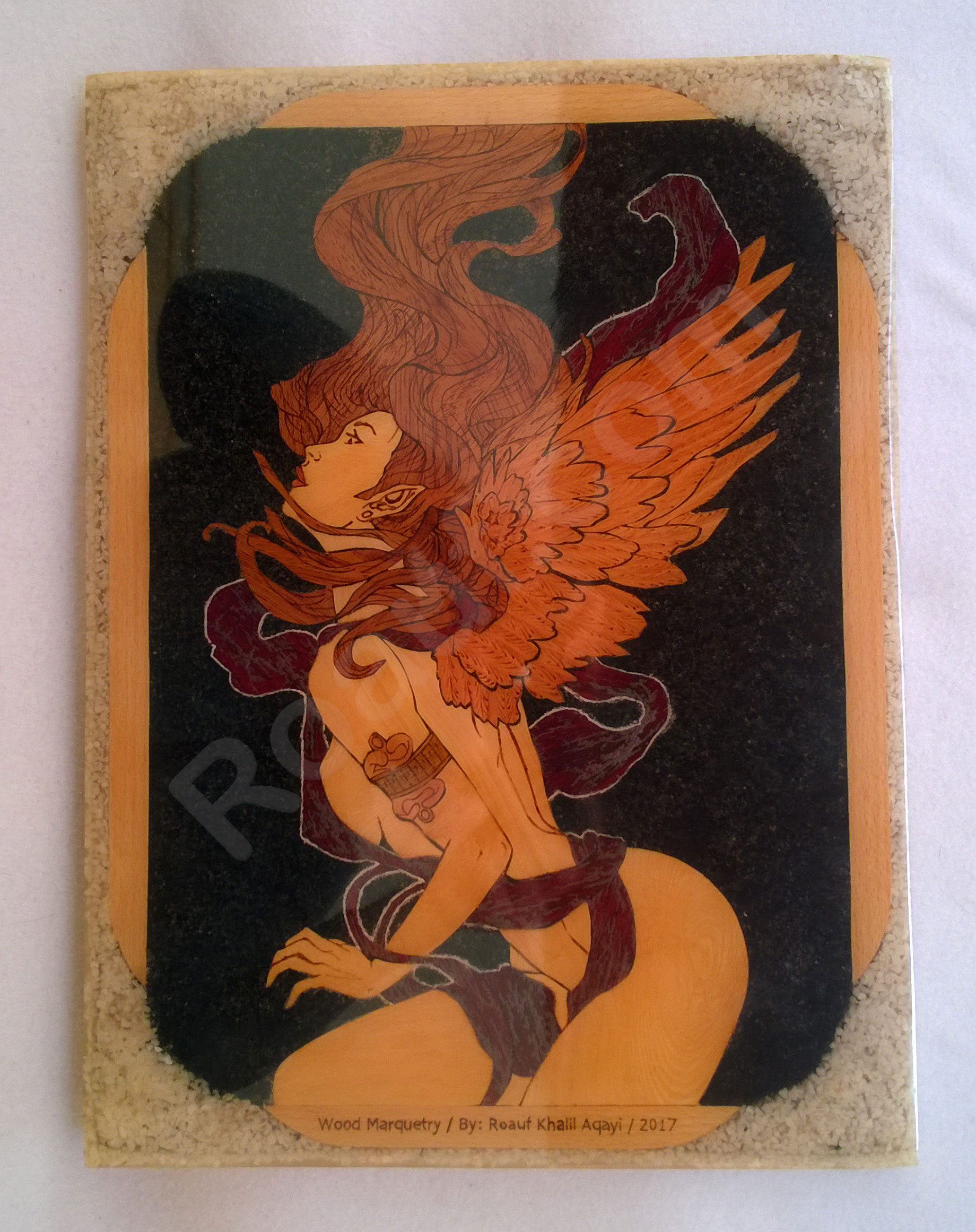 Wood Inlay / Wood Marquetry Panel of a Naked Angel